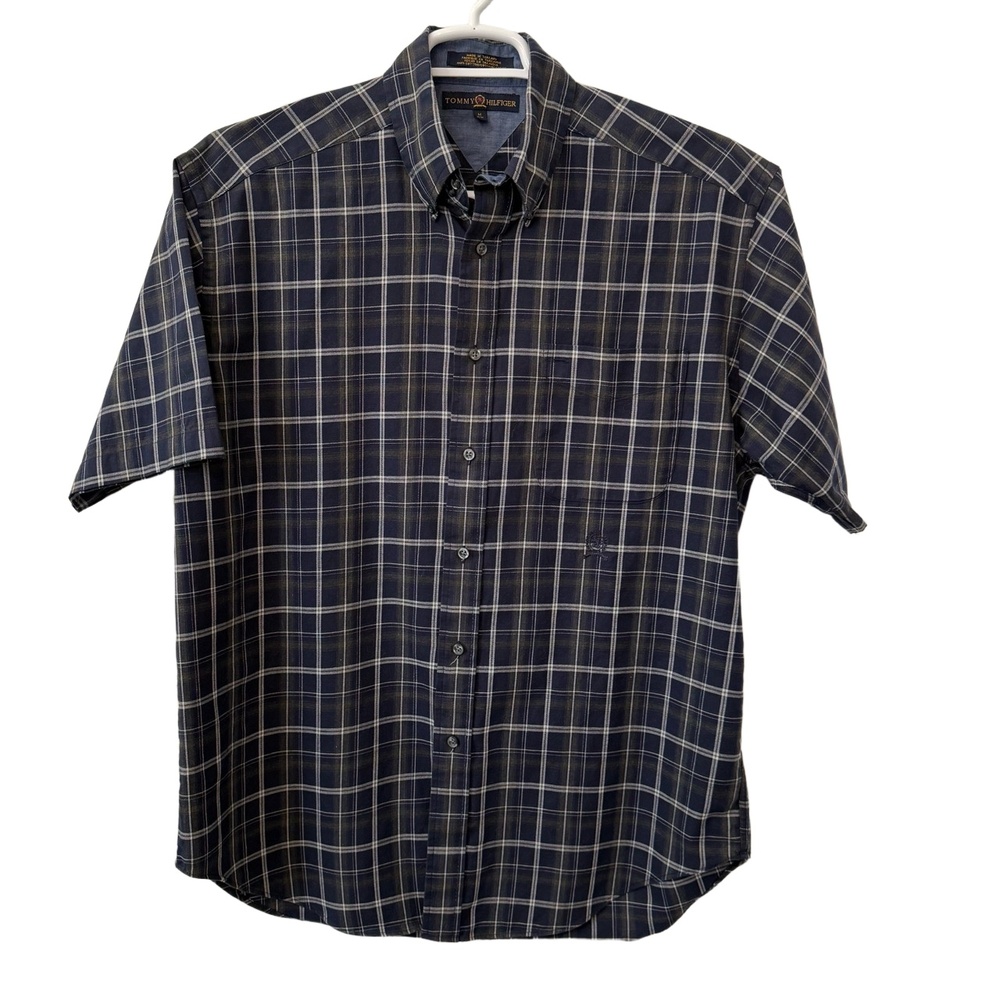 Tommy Hilfiger‎ Shirt Mens Medium Black White Plaid Vintage Short Sleeve Pocket - Picture 2 of 4